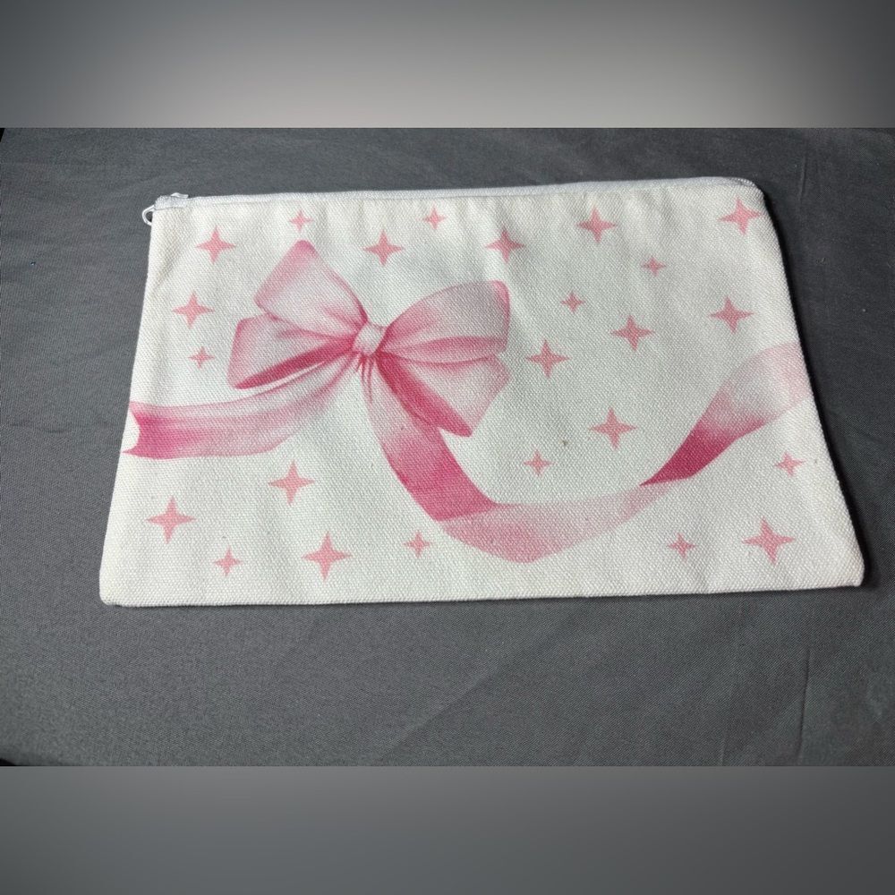 New Pink Bow Print Zip Pouch